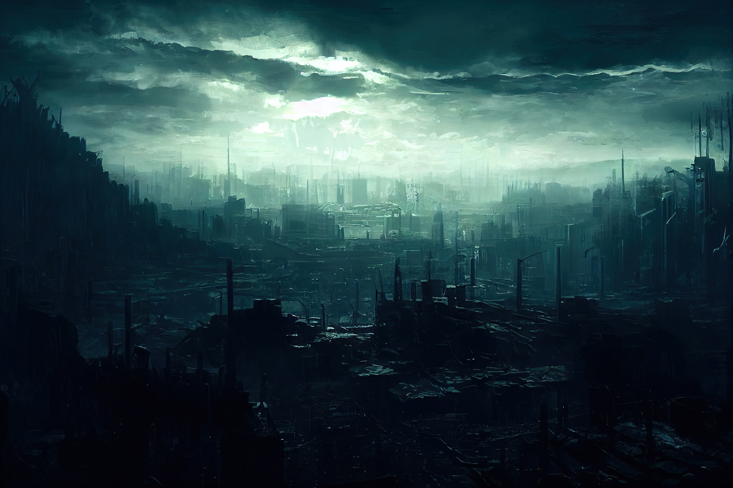 The ruins of a big city with silhouettes of destroyed buildings